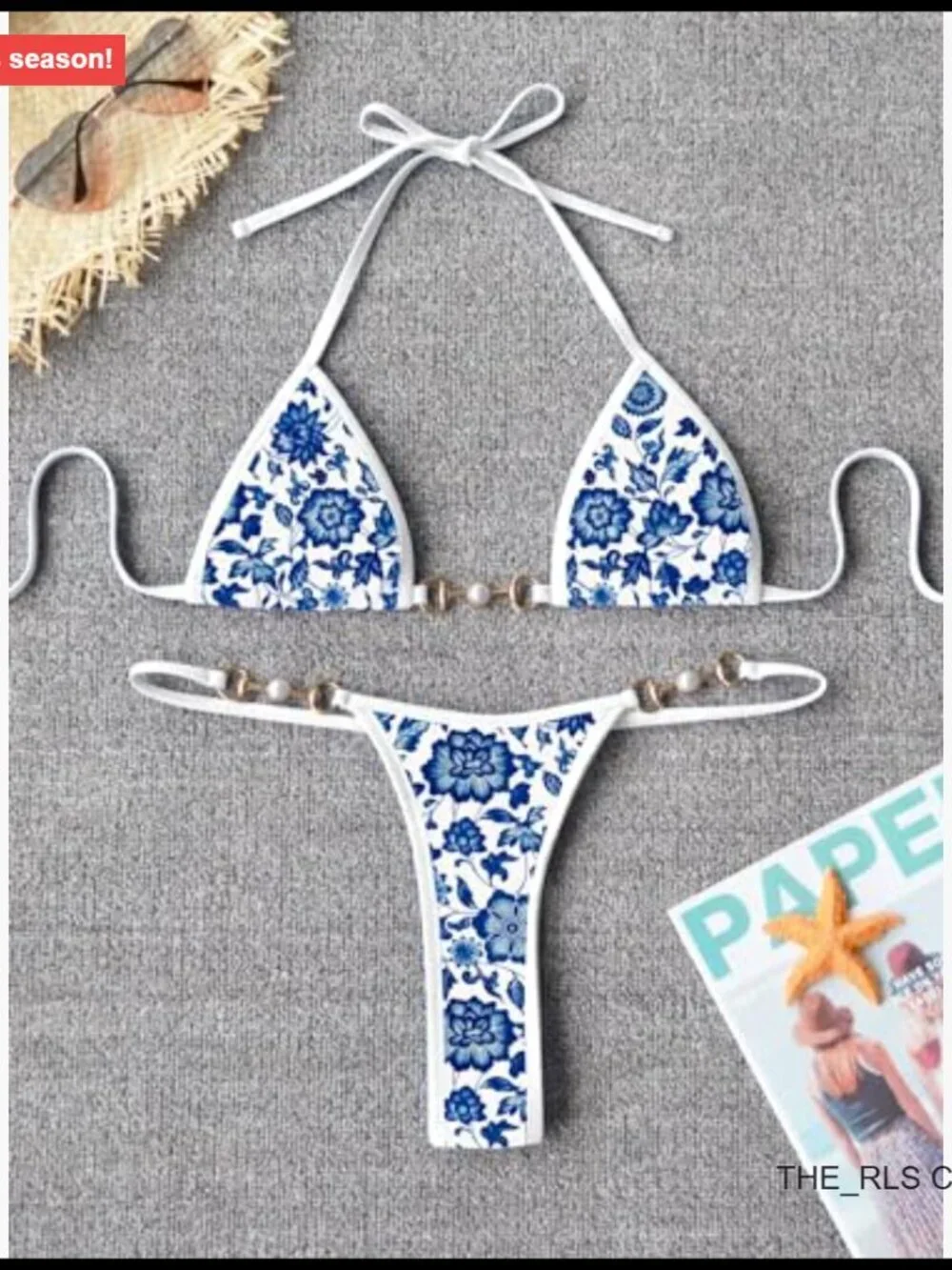Triangle Thong Bikini Set with Ribbed Fabric and Metal Rings